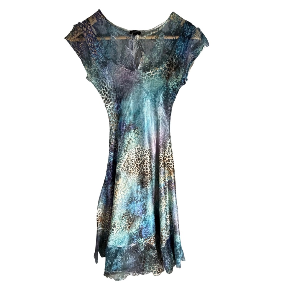 Komarov Dress Blue Purple Animal Print Pleated Lace‎ Cap Sleeve Sheath Small
